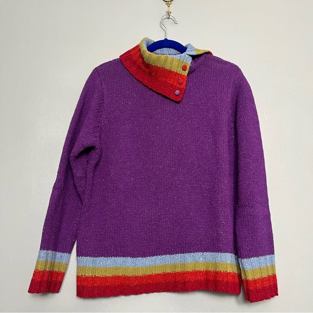 Nua Merino Wool Silk Sweater Striped Turtleneck Artsy Folk Purple Women's Size L